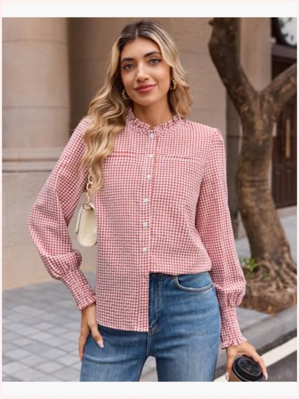 Women's Plaid Button Down Shirt Ruffle Neck Long Sleeve Blouse with Chest - Picture 3 of 7